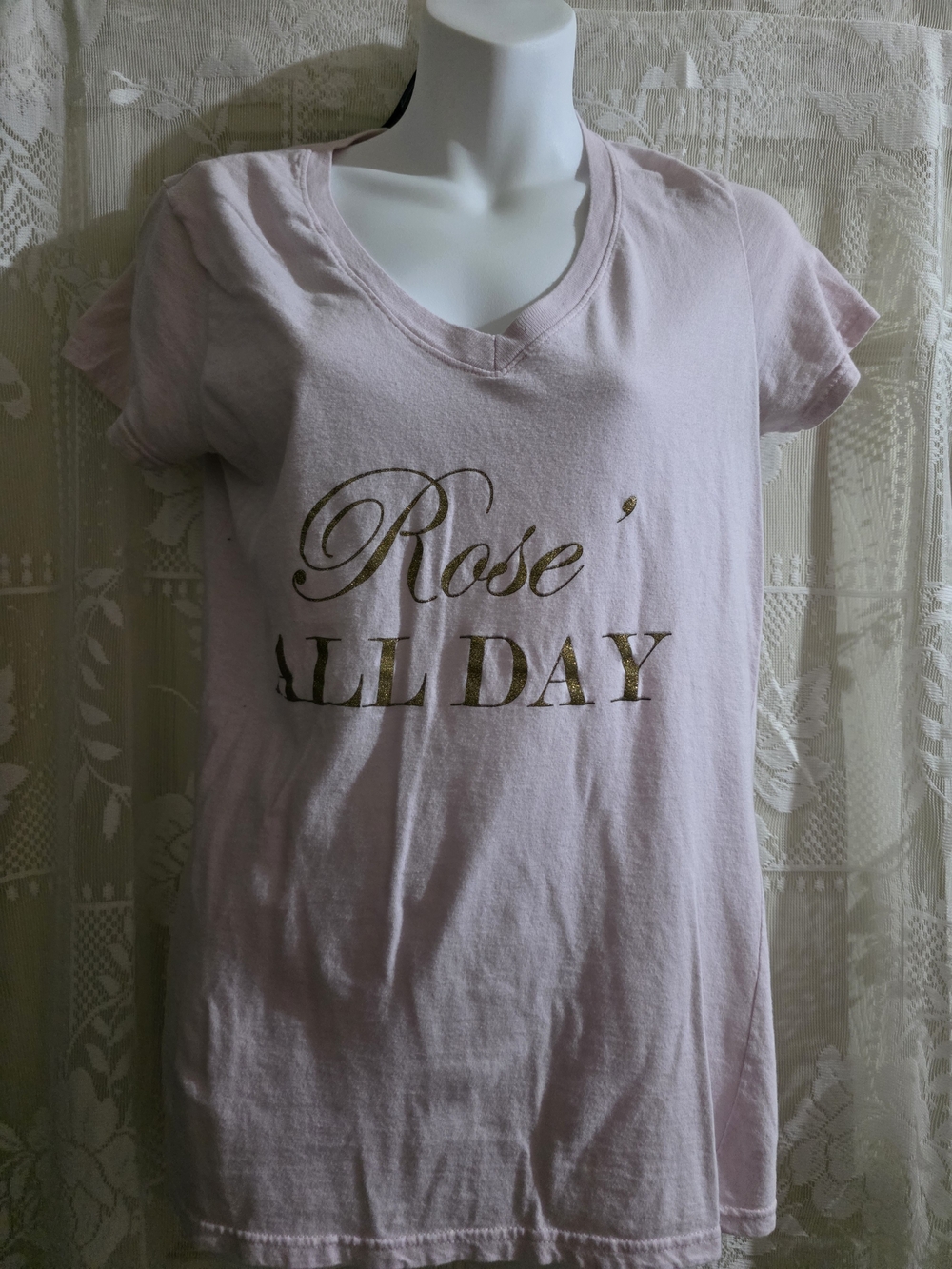 Soft Light Pink V-Neck Tee with Metallic Gold 'Rose' Print